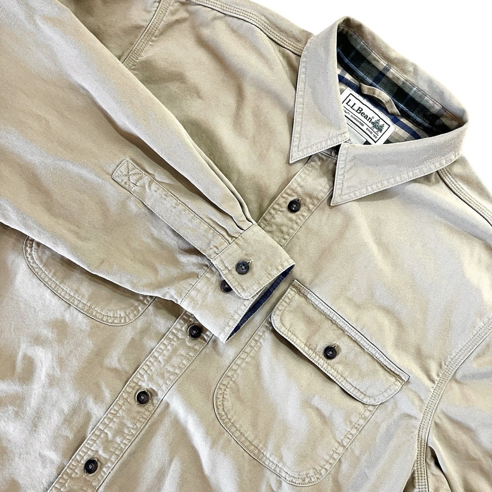 LL Bean Hurricane Shacket Mens L TALL Beige Cotton Canvas Flannel Lined Shirt
